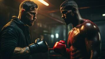 ein Boxer Ausbildung mit seine Trainer im das Boxen Ring. generativ ai foto