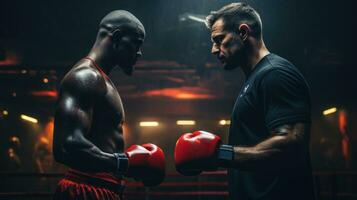 ein Boxer Ausbildung mit seine Trainer im das Boxen Ring. generativ ai foto