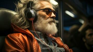 ein Mann Hören zu Musik- mit Kopfhörer Innerhalb das Bus. generativ ai foto