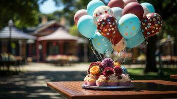Parks dekoriert mit Luftballons zu werfen ein Party. generativ ai foto