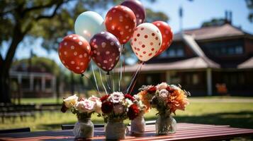 Parks dekoriert mit Luftballons zu werfen ein Party. generativ ai foto