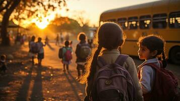 Kinder aufgeregt warten zum das Schule Bus beim das stoppen. generativ ai foto