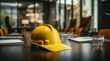 Gelb Sicherheit Helm von das Konstruktion Arbeiter Mannschaft auf ein Tisch. generativ ai foto