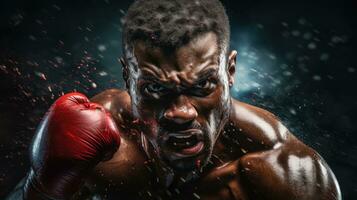 das Gesicht von ein Boxer Wer geschickt weicht aus ein schlagen, Augen gesperrt auf seine Gegner. generativ ai foto
