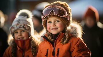 wenig Junge warten zum Skifahren beim das Ski Erholungsort. generativ ai foto