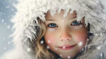 ein wenig Mädchen erleben Schneefall zum das zuerst Zeit. generativ ai foto