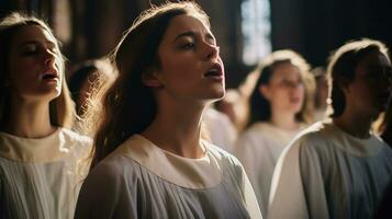 ein Chor Singen während Ostern Bedienung im ein historisch Kirche. generativ ai foto