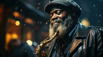 ein Musiker spielen das Saxophon auf ein regnerisch Stadt Straße. generativ ai foto