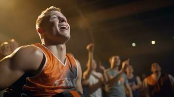 an den Rollstuhl gebunden Athlet vorbereiten zu Zug zum ein Basketball Spiel. foto