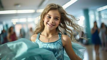 glücklich jung Mädchen ist Tanzen zu das Musik. generativ ai foto