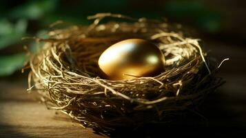 ein golden Ei schimmernd unter das Zweige von ein Vogel Nest. generativ ai foto