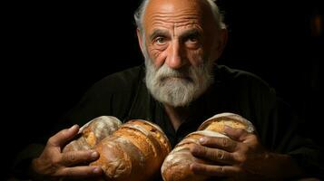 ein Alten Bäcker ist halten ein Laib von Brot im seine Hände. generativ ai foto