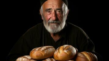 ein Alten Bäcker ist halten ein Laib von Brot im seine Hände. generativ ai foto