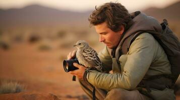 ein Fotograf warten zu nehmen ein Bild von ein Selten Vogel. generativ ai foto