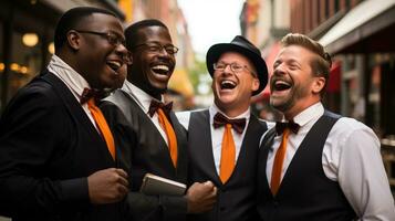 das Gruppe Quartett harmoniert auf ein Straße Ecke. generativ ai foto