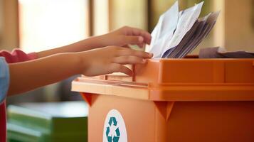 Schüler werfen Papier in recyceln Behälter. generativ ai foto