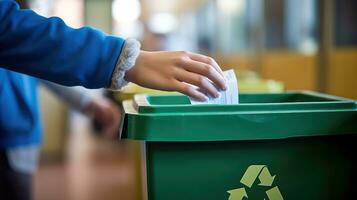 Schüler werfen Papier in recyceln Behälter. generativ ai foto