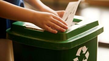 Schüler werfen Papier in recyceln Behälter. generativ ai foto