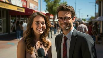 ein Reporter interviewen Menschen auf das Straße Über das Wirtschaft. generativ ai foto