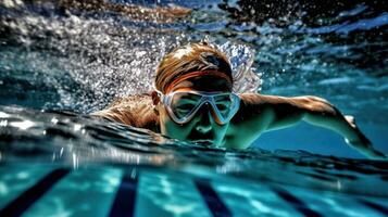 ein Schwimmer im Wettbewerb im ein Relais Rennen Tauchgänge im das Schwimmbad. generativ ai foto