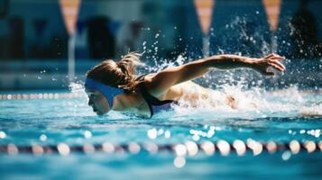 ein Schwimmer im Wettbewerb im ein Relais Rennen Tauchgänge im das Schwimmbad. generativ ai foto