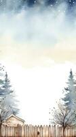 rustikal Winter Szene mit ein Aquarell Rand und Schneeflocken foto