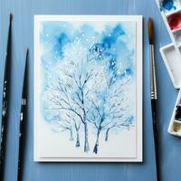 schneebedeckt Bäume mit ein Blau Aquarell Hintergrund und ein Rahmen foto