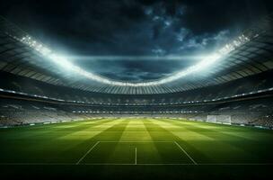 Foto von ein Fußball Stadion beim Nacht mit Stadion Licht. das Stadion war gemacht im 3d ohne mit bestehender Verweise