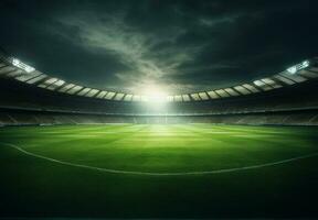 Foto von ein Fußball Stadion beim Nacht mit Stadion Licht. das Stadion war gemacht im 3d ohne mit bestehender Verweise