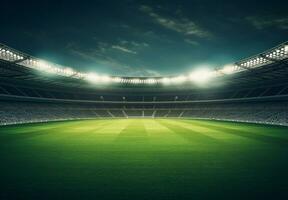 Foto von ein Fußball Stadion beim Nacht mit Stadion Licht. das Stadion war gemacht im 3d ohne mit bestehender Verweise