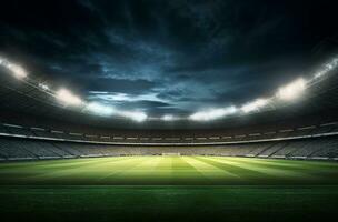 Foto von ein Fußball Stadion beim Nacht mit Stadion Licht. das Stadion war gemacht im 3d ohne mit bestehender Verweise