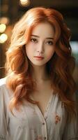 schön asiatisch Mädchen mit rot Haar. generativ ai foto