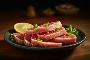 ai generativ Foto von ein Thunfisch Fisch Fleisch im Teller