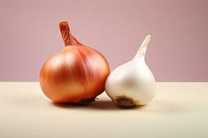 Schuss von Zwiebel und Knoblauch auf einfach Hintergrund ai generativ foto