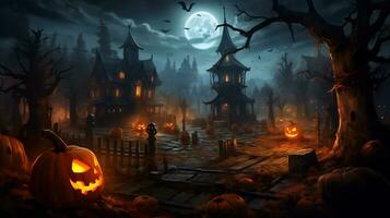 gespenstisch Halloween Hintergrund mit Kürbis und alt Haus ai generativ foto