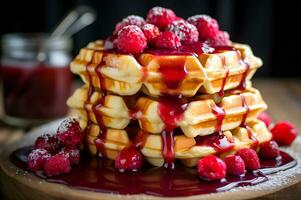 Schuss von gestapelt Waffel mit Beere Sirup ai generativ foto