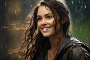 schön jung Frau mit nass Haar im das Regen ai generativ foto
