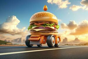 Burger Lieferung. schnell Hamburger Wagen. Cheeseburger wie schnell Essen Wagen. Hamburger Fahren auf das Straße. schnell Essen Konzept foto