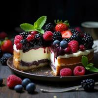 Käsekuchen mit frisch Beeren auf hölzern Hintergrund foto