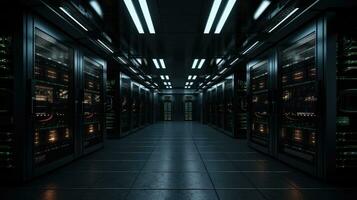 futuristisch Server Zimmer oder Daten Center Gang mit Neon- Beleuchtung im dunkel Hintergrund foto