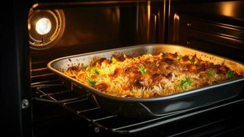 Hähnchen Biryani mit Reis und Gemüse im das Ofen foto