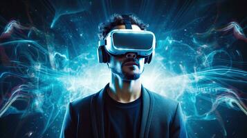Porträt von jung Mann tragen virtuell Wirklichkeit Headset gegen futuristisch Hintergrund foto