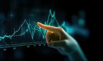 schließen oben von Geschäftsmann Hand berühren mit Finger virtuell Panel mit Forex Diagramm foto