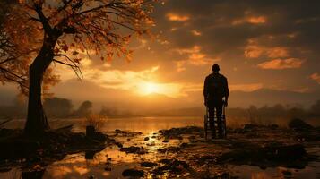 Silhouette von ein Mann mit Krücken gegen das Sonnenuntergang foto