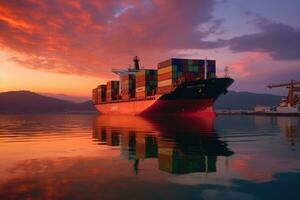 Container Schiff im das Hafen beim Sonnenuntergang. Fracht Transport und Logistik Konzept. foto