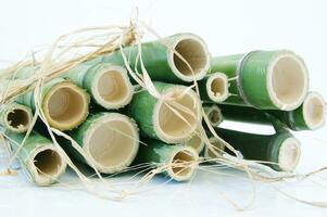ein Bündel von Bambus Stöcke gebunden zusammen mit Schnur foto