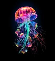 glühend Qualle schwimmen tief im Blau Meer, Neon- Qualle Fantasie auf schwarz Hintergrund, ai generativ foto