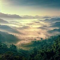 Morgen Sonnenschein Regenwald, Senke von Pflanzen, schön Dschungel, Amazonas Wald , ai generiert foto