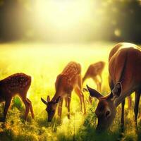 Hirsch sich aalen im das sanft Morgen Licht wie Sie Fest auf üppig Grün Gras , ai generiert foto