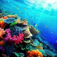 großartig Barriere Riff, unter Wasser Welt Fisch unter Meer Gras Koralle Riffe bunt Koralle , ai generiert foto